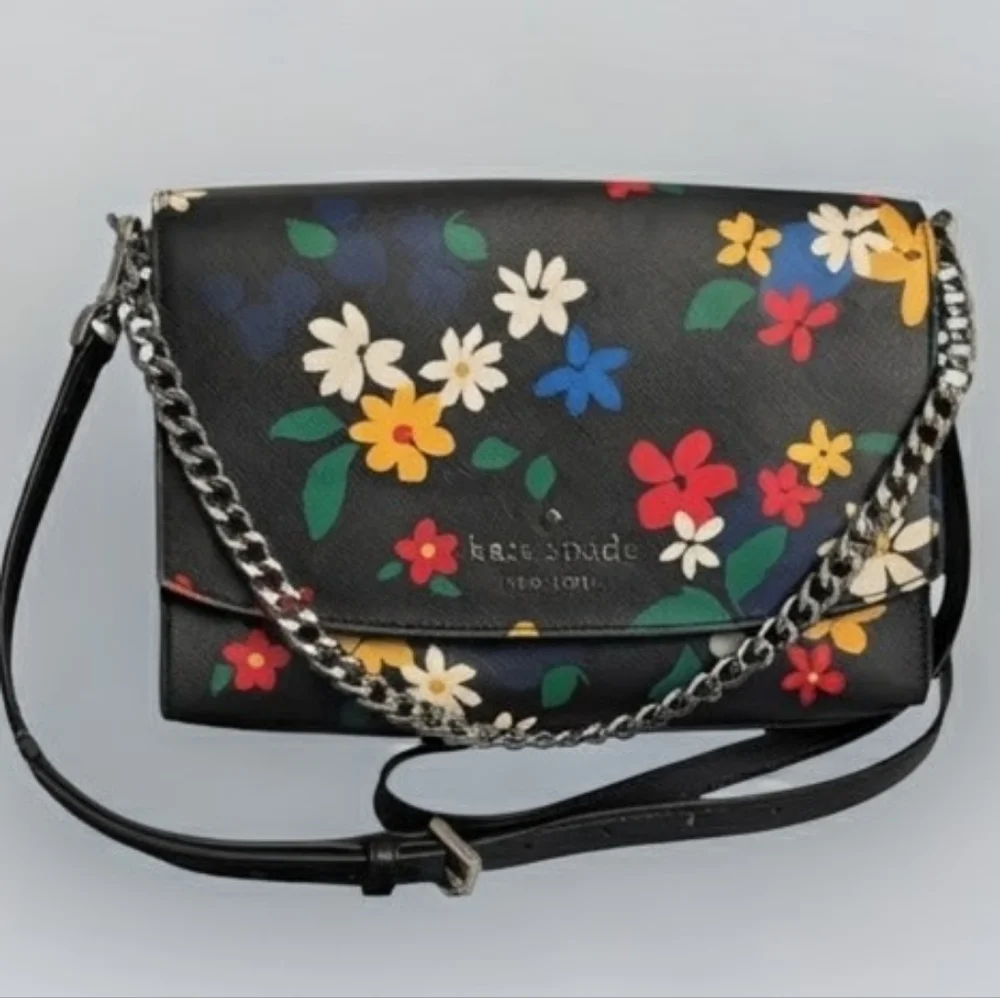NEW Kate Spade New York Black Floral Staci Sailin Leather Medium Crossbody Bag